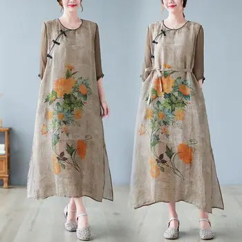 2023 kinijos retro stiliaus spausdinti medvilnės skalbiniai cheongsam moterų elegantiškas tradicinių drabužių pavasario gėlių patogi suknelė