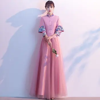 2023 Rožinė Bridesmaid Suknelę Kinijos Atsistoti Apykaklė Vestuvių Suknelė Trijų Ketvirtį Rankovėmis Lady Stiliaus Suknelė Hanfu Tango Kinijos Kostiumas