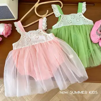 2023 Vasaros Kūdikių Mergaičių Romper Kratinys Nėrinių Suknelė Jumpsuit Tuščiavidurių Sienų Raukiniai Diržas Dvigubo Sluoksnio Baby Girl Komplektai