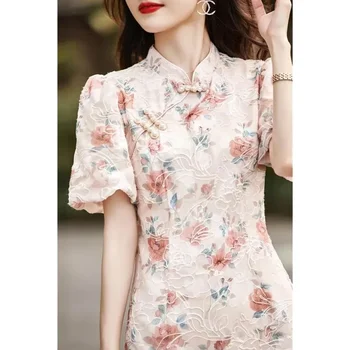2023 Vasaros Tradicinės Kinų Perlas Mygtuką Gėlių Sluoksniuotos Rankovėmis Pagerėjo Cheongsam Suknelė Qipao Moterų Prabangių vakarinių Suknelių