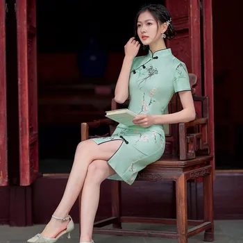 2023 Vasaros Trumpas Seksualus Pagerėjo Kasdien Cheongsam Elegantiškas Retro Pokylių Sijonas Kinų Stiliaus Suknelė Bambuko Lapų Qipao Moterims