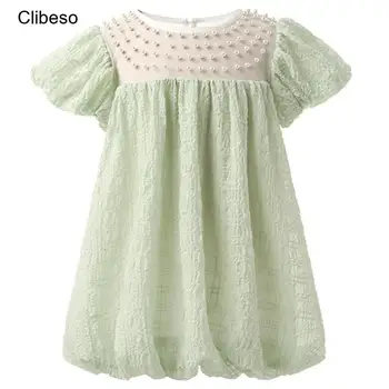 2024 m. Clibeso Vaikų Suknelė Kūdikių Mergaičių Naujas Princesė Vasaros Suknelės Lolita Sijonas Kūdikių Drabužius, Žalia Perlų Kostiumai Saldus