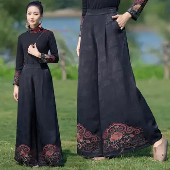 2024 m. kinijos derliaus kelnes nacionalinė gėlė išsiuvinėti palaidi kelnės moterims tradicinių pločio kojų kelnės etninės retro liaudies kelnės