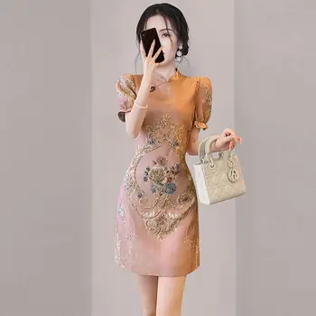 2024 m. kinijos stiliumi pagerino cheongsam suknelė vintage stiliaus moterų suknelė chinoiserie retro siuvinėjimas-line sijonas gėlių qipao