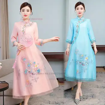 2024 m. kinijos tradicinės suknelė moterims šifono cheongsam nacionalinės gėlių siuvinėjimas qipao kinijos pokylių vakarinę suknelę vestido