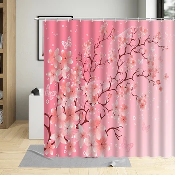 3D Pink Cherry Blossom Dušo Užuolaidų Žiedų Kinų Stiliaus Slyvų Vonios kambarys Dekoro Gėlių Užuolaidėlės su Kabliukais Vandeniui Audinio