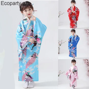 5 Spalvų Vaikai Japonų Kimono Merginos Tradicija Išskirtinį Povas Gėlių Spausdinti Yukata Su Laivapriekio Diržo Etape Kostiumas Vaikams