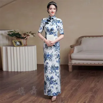 Azijos Cheongsam Kinų Stiliaus Suknelė Plonas Ilgas Sukneles Kinijos Tradicinių Drabužių Moterims Pagerėjo Vasaros Retro Ilgai Qipao