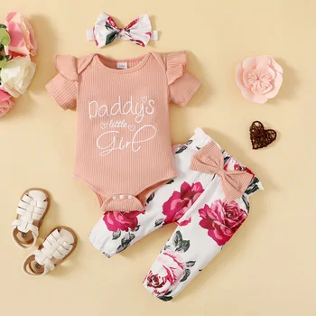 Baby girl rožinė vasaros apykaklės skristi pusėje trumpas rankovėmis rašytas spausdinti trikampis diržai su gėlių spausdinti kelnės mielas kostiumas