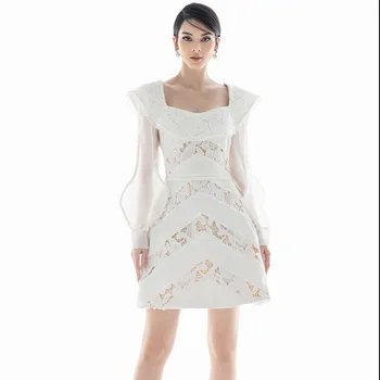 Balta Elegantiška Suknelė Moterims 2023 Pavasario Kablys Gėlių Tuščiaviduriai Šalis Suknelės Ponios Vestido Ilgomis Rankovėmis Kvadratinių Kaklo Prabangių Drabužių