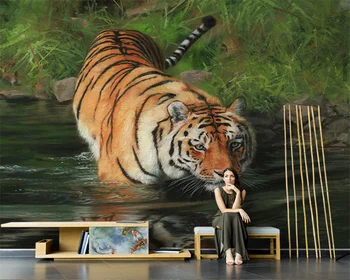 beibehang Užsakymą ranka-dažytos abstrakčiai aliejaus tapybai atmosfera tigras tapetai kambarį, TV foną tėtis peint