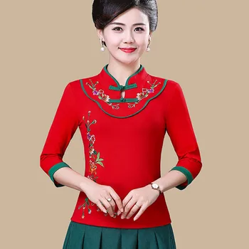 Cheongsam Moterų Plius Dydis Viršūnes 2024 M. Vasaros Medvilnės Mišinys Siuvinėjimo Sujungimas Kinų Stiliaus Kostiumas Qipao Marškinėliai Moteris