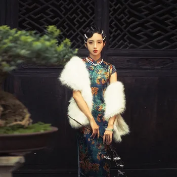 Cheongsam Seksualus, Elegantiškas Vasarą Jaunų Moterų Derliaus Spausdinti Kinijos Tradicinės Qipao Vakarinę Suknelę Skara Fotografijos Drabužiai