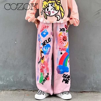 COZOK 2023 Naujas Japonų Moterų Gatvės Grafiti Didelio Juosmens Pločio Kojų Kelnės Summer Cartoon Spausdinti Bf Stilius Laisvas Atsitiktinis Kelnės