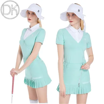 DK Moterų trumpomis Rankovėmis Golf Polo Marškinėliai Quick Dry Žalia Sporto Viršūnės Ponios Plisuotos Golfo Skorts Anti-poveikio, Sijonai, Drabužių Rinkiniai