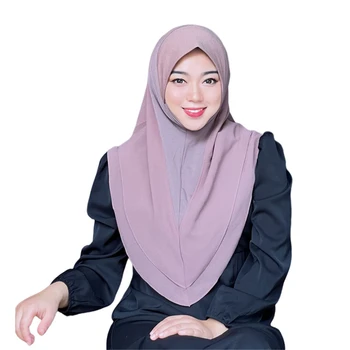 Du Sluoksnis Šifono Hijab Skaros Musulmonų Malaizija Skarelė Momentinių Turbaną Kietas Moterų Maldos Galvos apdangalą Wrap Traukti Amira Bžūp 1PC