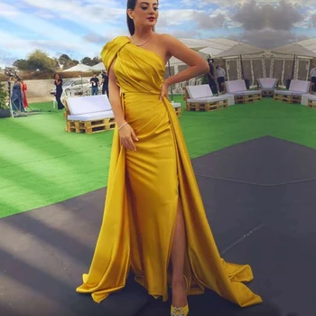 Eightale arabų Vakaro Suknelės Aukso Vienos Pečių Klostes Satino Promenadzie Suknelė su Nuimamais Traukinio Pusėje Padalinta Šalis Suknelė 2021