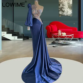 Elegantiška Mėlynos Vieno Peties Ilgi Tiesūs Vakaro Suknelės Moterims Vestuvėms Šalies Sparkle Blizgančiais Oficialų Įžymybė Prom Chalatai