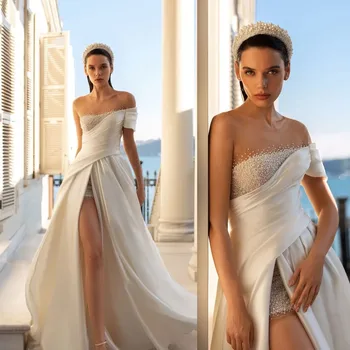 Elegantiškas A-Line Wedding Suknelė Unikalų Vienos Pečių Perlai Zawalcowany Seksualus Aukšto Pusėje Ritininės Nuotakos Suknelė Valymo Traukinio Vestidos De Noiva