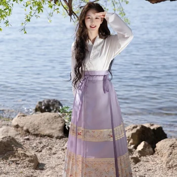 Elegantiškas Nacionalinės Stiliaus Suknelė Arklys Veido Sijonas Kostiumas Kinų Stiliaus Hanfu moteriški Drabužiai Tradicinė Derliaus Klostes Sijonas