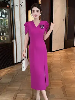 Elegantiškas Slim-Fit Raudona Suknelė 2023 Vasarą Naujas Mados Megztinis V-kaklo Apvalkalas Suknelė prancūzijos Užimantys Priemiestinių trumpomis Rankovėmis Suknelė