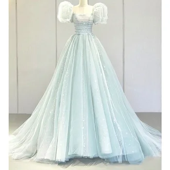 Elegantiškas Trumpas Sluoksniuotos Rankovėmis Mėlyna Prom Tinklelio Suknelė Prabanga, Blizgučiais Oficialią Vakaro Suknelės Exquined Vestuves Blizga Suknelė