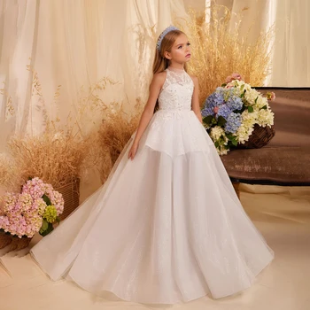 Elegantiškas Šalis Suknelė Tiulio Gėlių Mergaitės Suknelė Vestuvių ilgomis Rankovėmis Princesė Lankas Gimtadienio Koncertas Trumpas Jaunimo Bridesmaid Suknelė
