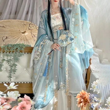 Hanfu Suknelė Moterims Gradientas Mėlynos Spalvos Gėlių Siuvinėjimas Tradicinės Kinų Derliaus Hanfu Suknelė Rinkiniai Moterų Karnavalas Cosplay Kostiumas