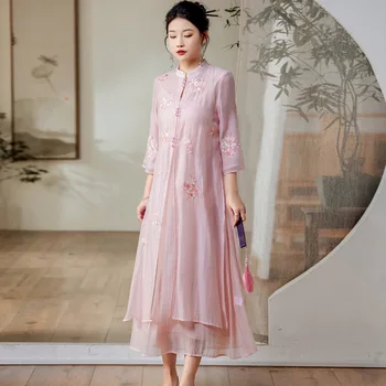High-End Vasaros Kinų Stiliaus Qipao Moterims, Elegantiška Siuvinėjimas Lady Suknelė Cheongsam Arbatos Drabužių Moterų S-XXL