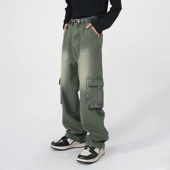HOUZHOU Green Cargo Džinsai Nelaimę Derliaus Džinsinio audinio Kelnės Vyrų Pločio Kojų Kelnės Vyrams Streetwear Šviesą Negabaritinių Atsitiktinis Hip-Hop