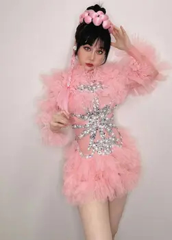 Ilgomis Rankovėmis China Promenadzie Suknelė Dainininkė Pink Gimtadienio Suknelės Seksualus Chalatai Kokteilis DressCrystals Kostiumas