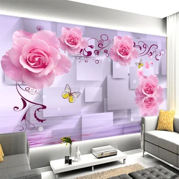 Individualizuotos fono paveikslėlį 3d pink rose romantiškas gėlių vandens atspindys freskos kambarį, miegamąjį, TV foną, sienų apdaila фотообои