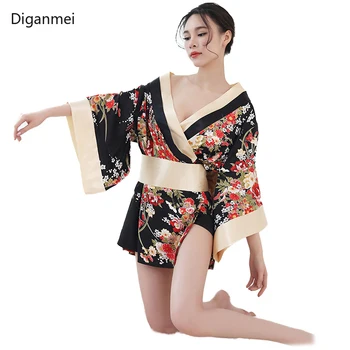 Juoda seksuali kimonos suknelė Japonija stiliaus Vyšnių žiedų cosplay Japonijos tradicinių kimono moteris chalatą geiša drabužiai