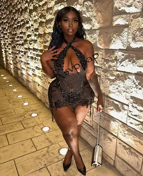 Juodas Trumpas Kokteilių Vakarėlį, Chalatai Seksualus Matyti Per Kalnų Krištolas Afrikos Mergina Kokteilis Prom Dresses 2023