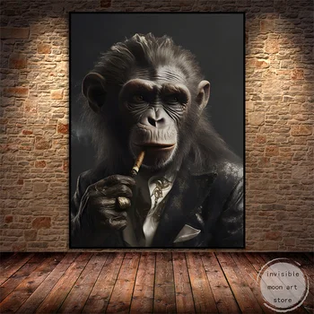 Juokingi Gyvūnų Beždžionė su Cigarečių Gorila Kostiumas Rūkymas Meno Plakatas Drobės Tapybos Sienos Spausdinamos Nuotraukos Kambarį Namų Dekoro