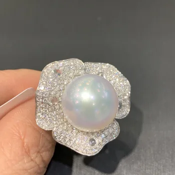 Kaip 14mm gamtos pietų jūros perlas žiedas 18K balto aukso su deimantu, gėlių originali juvelyrika prabanga bauda moterų papuošalai nemokamas pristatymas