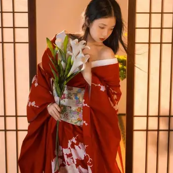 Kimono Pagerinti Moterų Japonų, Kinų Stiliaus Suknelė Tradicinių Yukata Moterų Nuotraukų Chalatas Japonija Mergina Raudonos Vyšnių Žiedų Suknelė