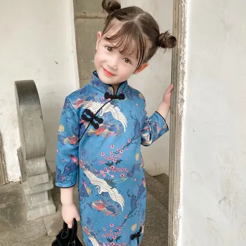 Kinijos Tradicinės Suknelės Mergaitėms Ilgomis Rankovėmis Hanfu Zomšą Cheongsam Vintage Blue Print Tango Kostiumas Princesė