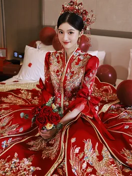 Kinų Stiliaus Klasikinis Vestuvių Suknelė Moterims Phoenix Siuvinėjimo Cheongsam Santuokos Kostiumas Nuotaka Blizgančiais Duobute Kutai Qipao