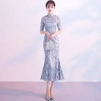 Kinų Tradicinė Vestuvių Cheongsam Suknelė Ilgai Siuvinėjimo Qipao Retro Nėrinių Taurę Suknelė Naujovė Drabužių Suknelė Moterims
