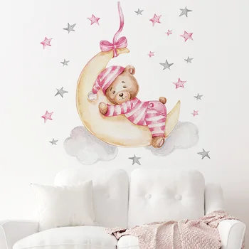 Kūdikio Kambario Sienų Lipdukai Meškiukas Miega ant Mėnulio Sienų Lipdukai Vaikams, Miegamojo Baby vaikų Darželio Sienos Lipdukas Tapetai, Dekoras