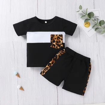 Kūdikių Leopardas Spausdinti Drabužių Rinkinį, trumpomis Rankovėmis O-kaklo marškinėliai su Kišenėje + Elastinga Juosmens Trumpas Kelnes