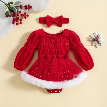 Kūdikių Merginos Kalėdų Atsitiktinis Romper Raudona Suknelė ilgomis Rankovėmis 