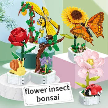 Kūrybiškumo Gėlių Puokštė bonsai Sodinimo Drugelis Cikada Dragonfly Modelis Statyba Blokai, Plytos, Žaislai Vaikams Dovanų