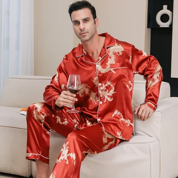 Ledo šilko pižama vyrams pavasarį ir rudenį 2024 naujas ilgas rankovėmis Kinų drakonas raudona zodiako metų vasarą Didelio dydžio sleepwears
