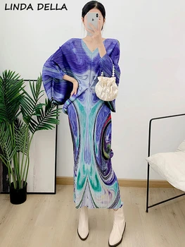 LINDA DELLA Vasaros Mados Dizaineris Atsitiktinis Derliaus Spausdinimo Suknelė Moterų Batwing Rankovės Prarasti Paketą, Sėdmenų Plisuotos Ilga Suknelė