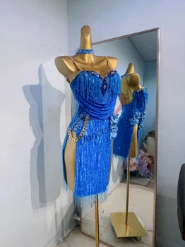 Lotynų Šokių Konkurencijos moteriški Drabužiai Vaikų Rankų darbo High-end Užsakymą Žvaigždėtą Mėlyną Rumba Tango Šou Blakpulas Suknelė