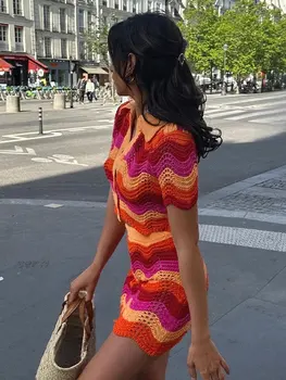 Mados Spalvinga Juostelės Mezgimas Sijonas Nustatyti Moterų Elegantiškas Atvartas Trumpomis Rankovėmis Megztinis Kostiumas Naujas Vasaros Prašmatnus Moteriška Šalis Streetwear