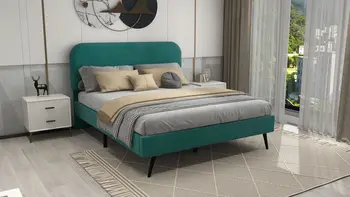 Minkštų lova, suaugusiųjų lova, jaunimo lova, su medinių lentelių rėmą, aksomo, žalia (140x200cm)