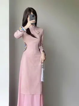 Modifikuota Versija Cheongsam Nauja Mergina Retro Temperamentas Rožinė Suknelė ilgomis rankovėmis Arbata Suknelė Rudenį Siuvinėjimo Qipao Suknelė Cheongsam